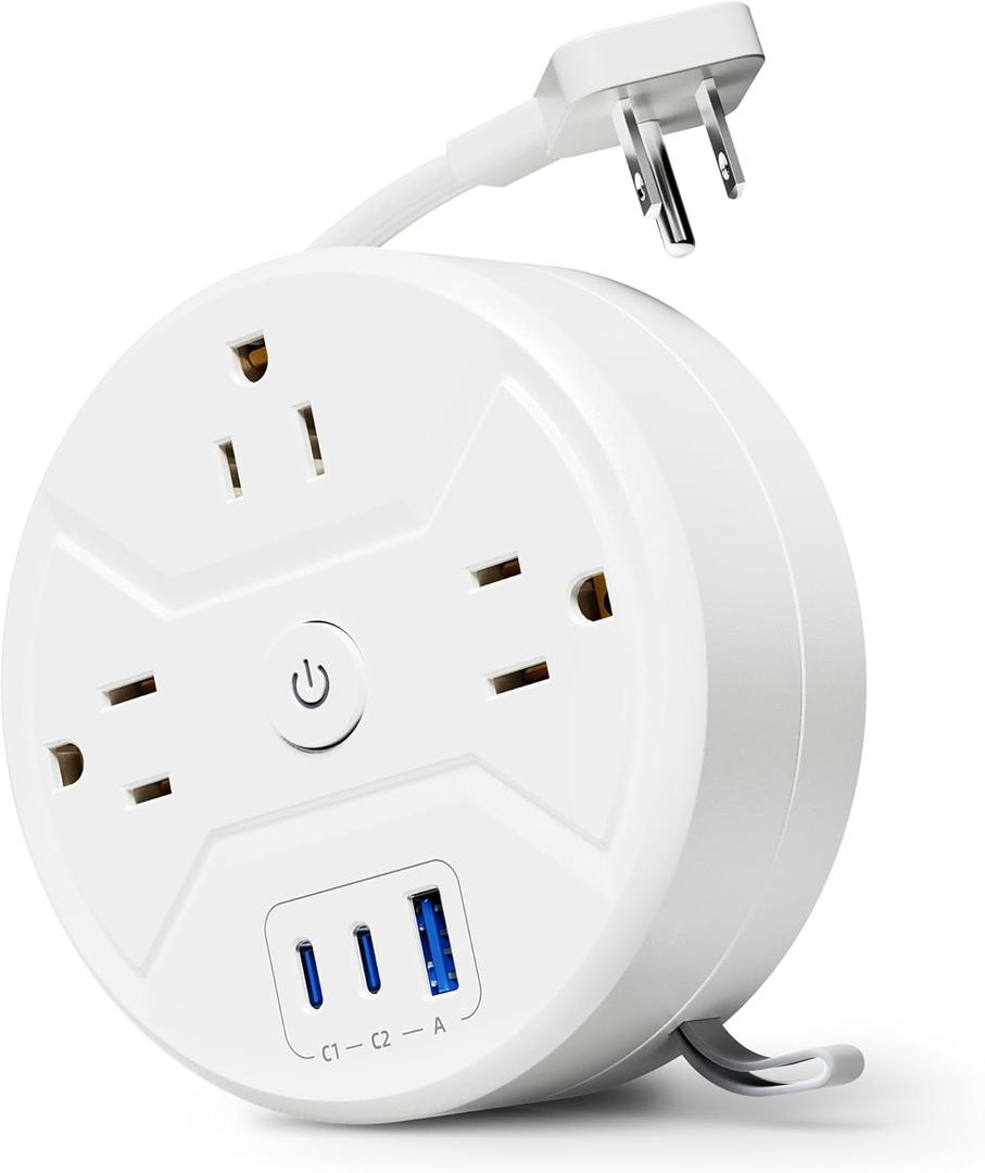 PD 20W C Travel Power Strip, SUPERDANNY 5ft Retractable Extension Cord Fast Charging Station, Portable 3-AC & 3-USB Flat Plug Extension Cord for Home Office, Business Travel, Trip, Cruise, White