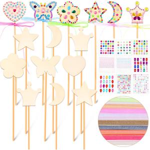 Chinco Princess Fairy Wands Kit Include Wooden Fairy Wands, Gem Stickers, Ribbons Unfinished Wooden DIY Magical Crafts Moon Butterfly Magical Crafts for Girls Make Your Own Princess(18 Sets)