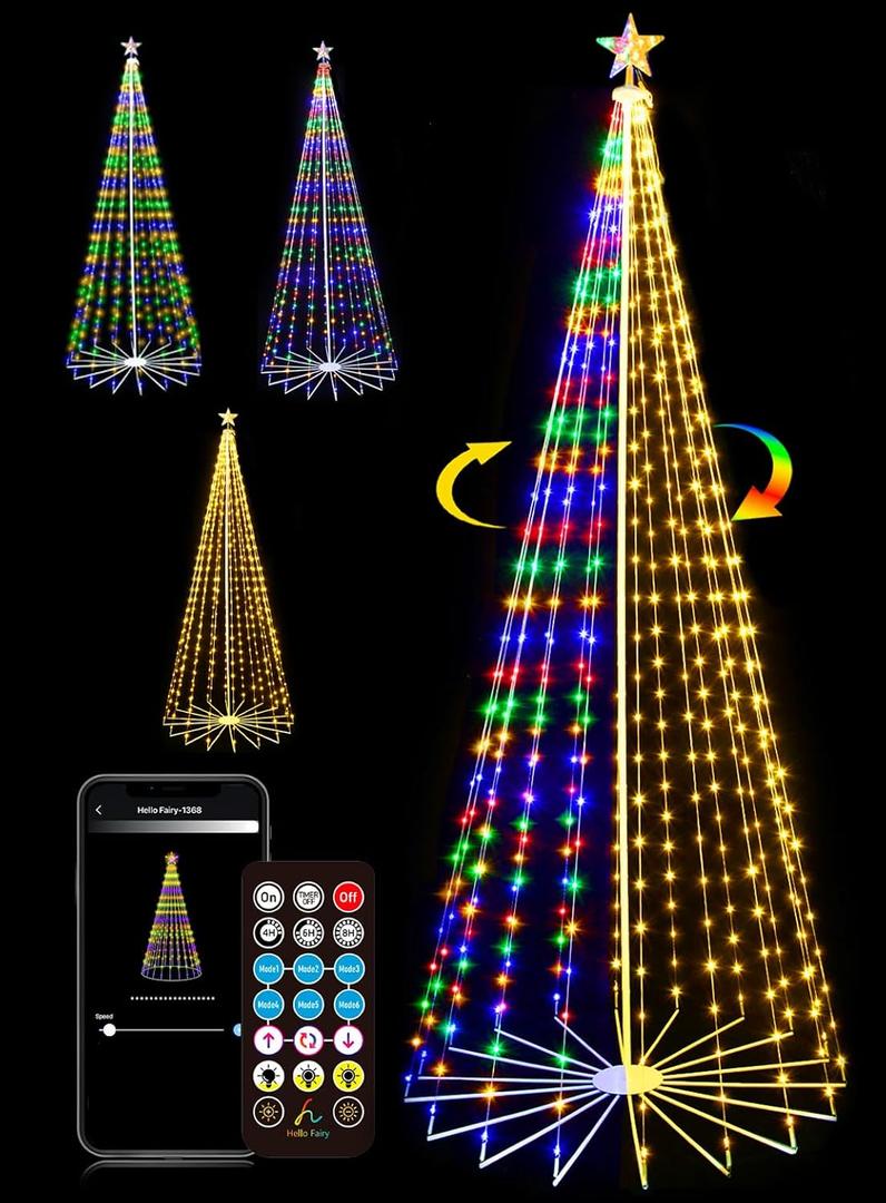 9FT 444LEDS Outdoor Christmas Tree Lights, Smart Cone Tall Pop Up with Star, Timer, Waterproof, APP & Remote, Music Sync, Multicolor/WarmWhite, Outside Xmas Yard Porch Decor