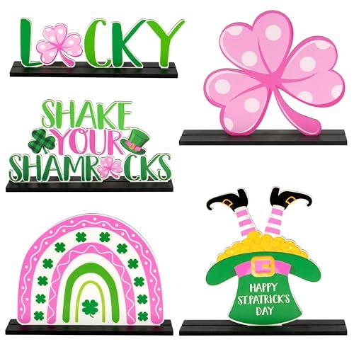 Haooryx St. Patrick's Day Wooden Centerpiece Decoration - 5 Pcs Green Pink Shamrock Wood Detachable Centerpiece Irish Lucky Shamrock Table Topper Sign for St. Patrick's Day Spring Party Decor Supply