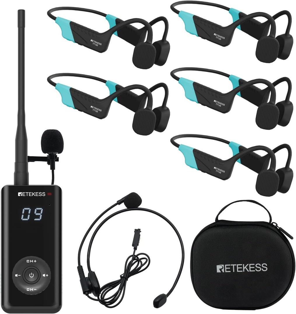 Retekess TT120 Swim Coach Communicator, IP68 Waterproof Swimming Headphones, Bone Conduction, 120M, Wireless Underwater Communication Unit for Swim Club, Swimming Coaching (1 Transmitter 5 Receivers)