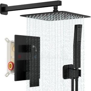 Black Shower System, Shower Faucet Set Bathroom Square Rain Shower Head and Handle Set, Wall Mounted Shower Fixtures With Shower Valve and Trim Kit 12 inch Matte Black