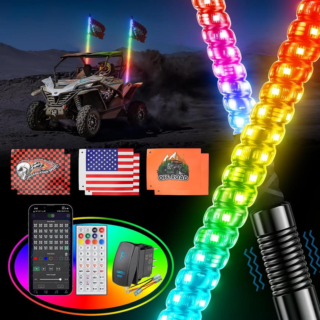 Ehaho 2PCS 2FT Whip Lights for UTV ATV with Spring Base, Tripled Brighter Led Whip Light W/Rocker Switch & 6 Flags, Spiral Chasing Lighted Antenna Whip with APP & Remote Control for RZR SXS Can-Am