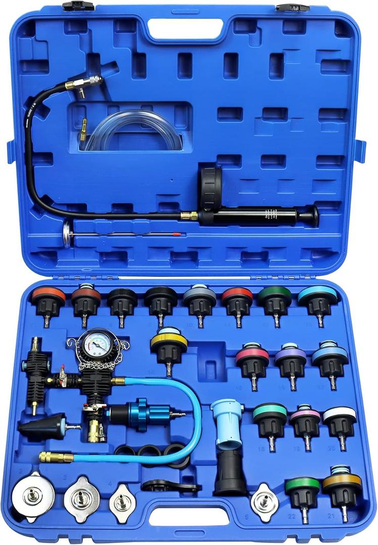 JoyFans Radiator Pressure Tester and Cooling System Pneumatic Vacuum Coolant Refill Tool 33Pcs Automotive Kit with Pressure Gauge, Radiator Adapters for Most Cars, Trucks, Airlift Blue