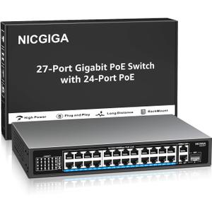 NICGIGA 24-Port Gigabit PoE Switch with 24 PoE+@300W, 2 Gigabit Uplink Ports, 1 SFP, Sturdy Metal for Desktop/Rack Mount, Plug and Play, Unmanaged Power Over Ethernet Switch