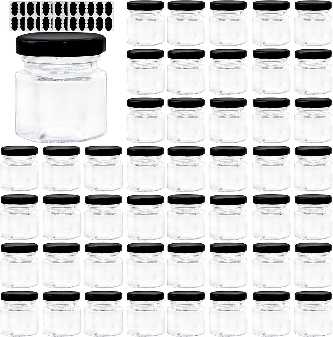 1.5 OZ Mini Hexagon Glass Jars, 48 Pack Empty Honey Jars Small Spice Jars with Black Lids and 50pcs Labels for Jam, Homemade Projects, Gifts, Wedding Party Favors