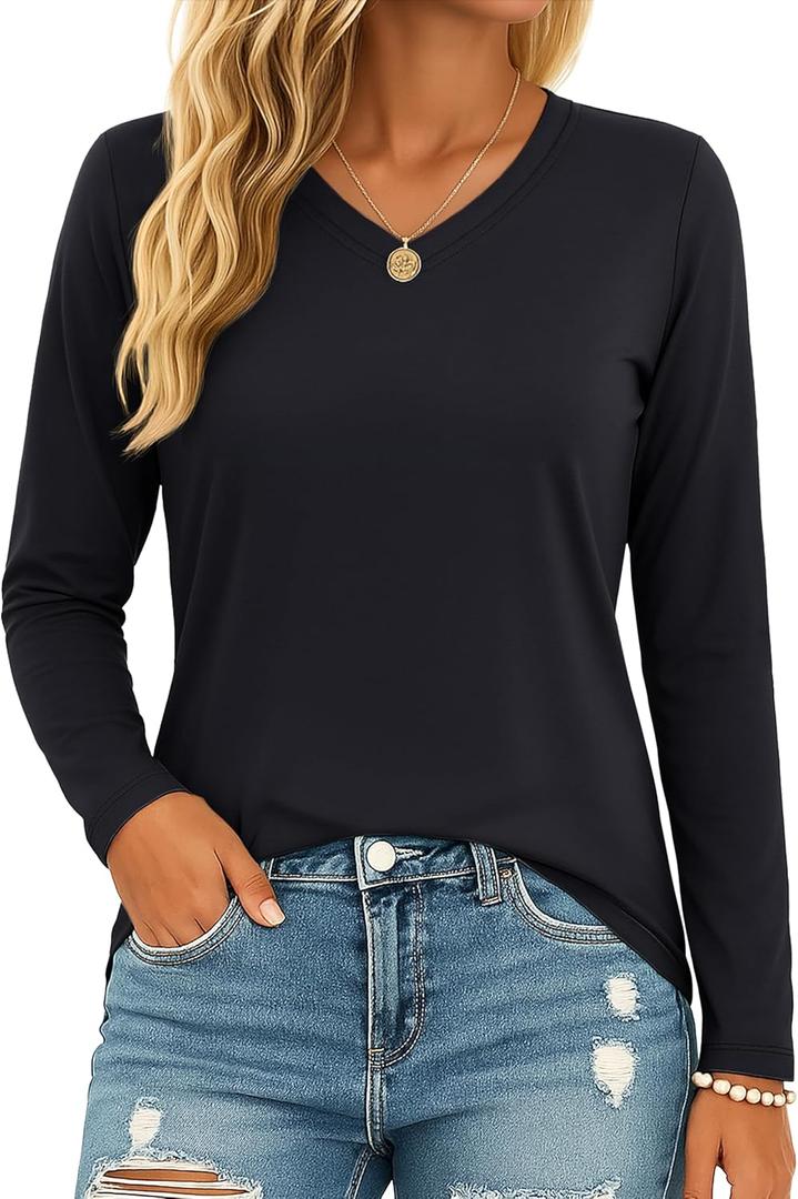 MAGCOMSEN Women's Long Sleeve Shirts V Neck Cotton Basic Tee Soft Breathable Casual Tops Cassic-Fit T-Shirt (Large, Black)