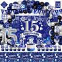 15th Birthday Decorations for Boys, 113Pcs Blue Silver 15 Years Old Boy Bday Party Decor Supplies for 15th Teenager - Backdrop, Banner, Tablecloth, Centerpieces, Hanging Swirls, Wall Signs