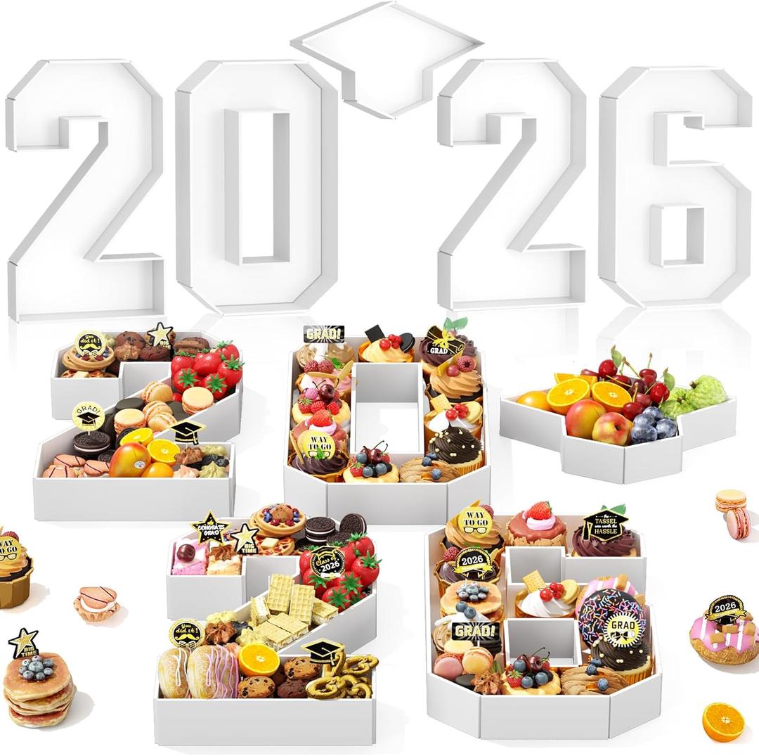 2026 Charcuterie Numbers Fillable, 13.78'' White 2026 Cardboard for Charcuterie, Number 2026 Tray for Chocolate Cookies Flowers Cupcakes Box with Graduation Cap, Class of 2026 Graduation Decorations