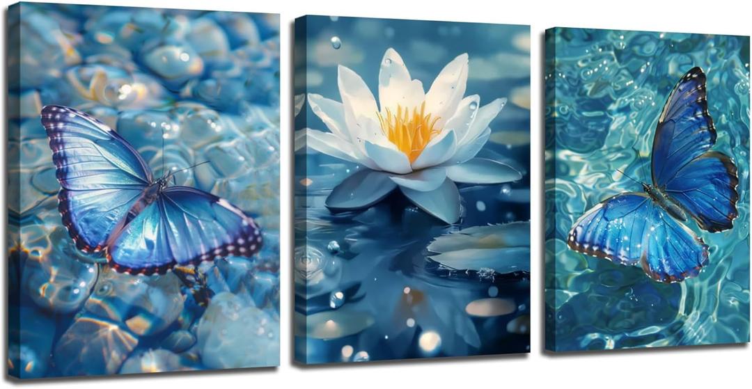 Arjun Blue Abstract Butterfly Canvas Wall Art Water Lily Painting Zen Stones White Lotus Flower Teal Turquoise Pictures Framed for Living Room Bedroom Bathroom Spa Salon Home Office Wall Decor (12"x16"x3 Panels)
