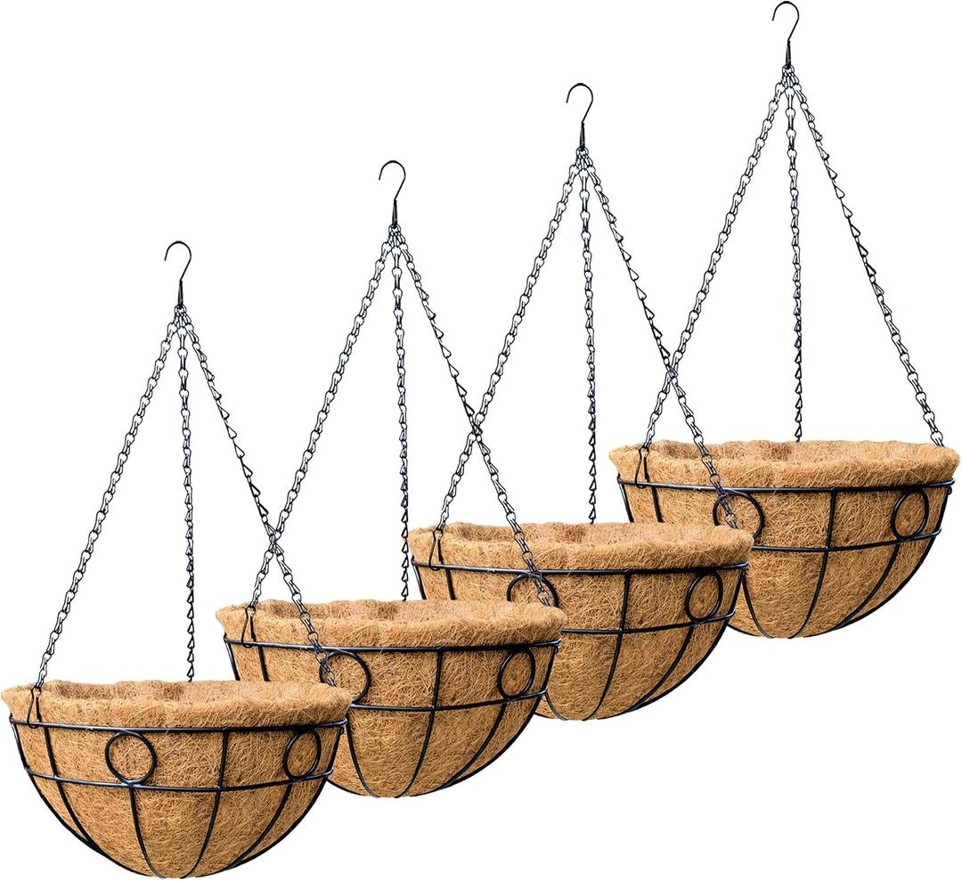 4 Pack 14 Inch Outdoor Plant Hanging Basket Round Metal Hanging Planter with Coco Coir Liner for Indoor Plants Baskets Railing Flower Pots Home Decor