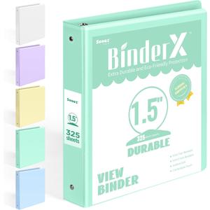 BinderX Extra Durable 1.5 Ring Binder, Round Ring 1.5 Inch Binders, Fits 325 Sheets of 8.5x11 Paper, Customizable View Cover with Inside Pockets, Cute 1.5" Binder, School Supplies for Girls, Green