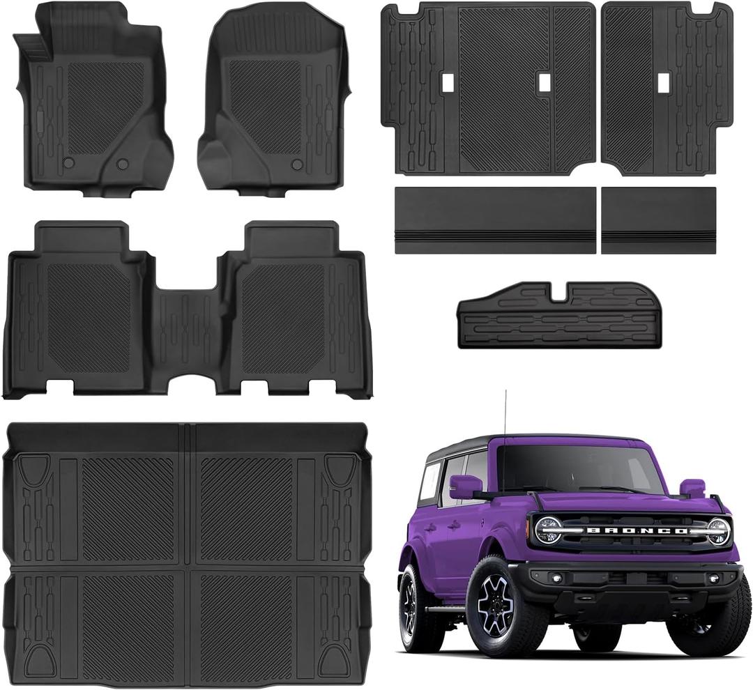 Floor Mats for Ford Bronco 4 Door 2025 2024-2021 Full Sets All Weather Floor Mat for Ford Bronco Accessories 2025 2024-2021 Rear Back Seat Cover Protector Trunk Frunk Cargo Liner Black