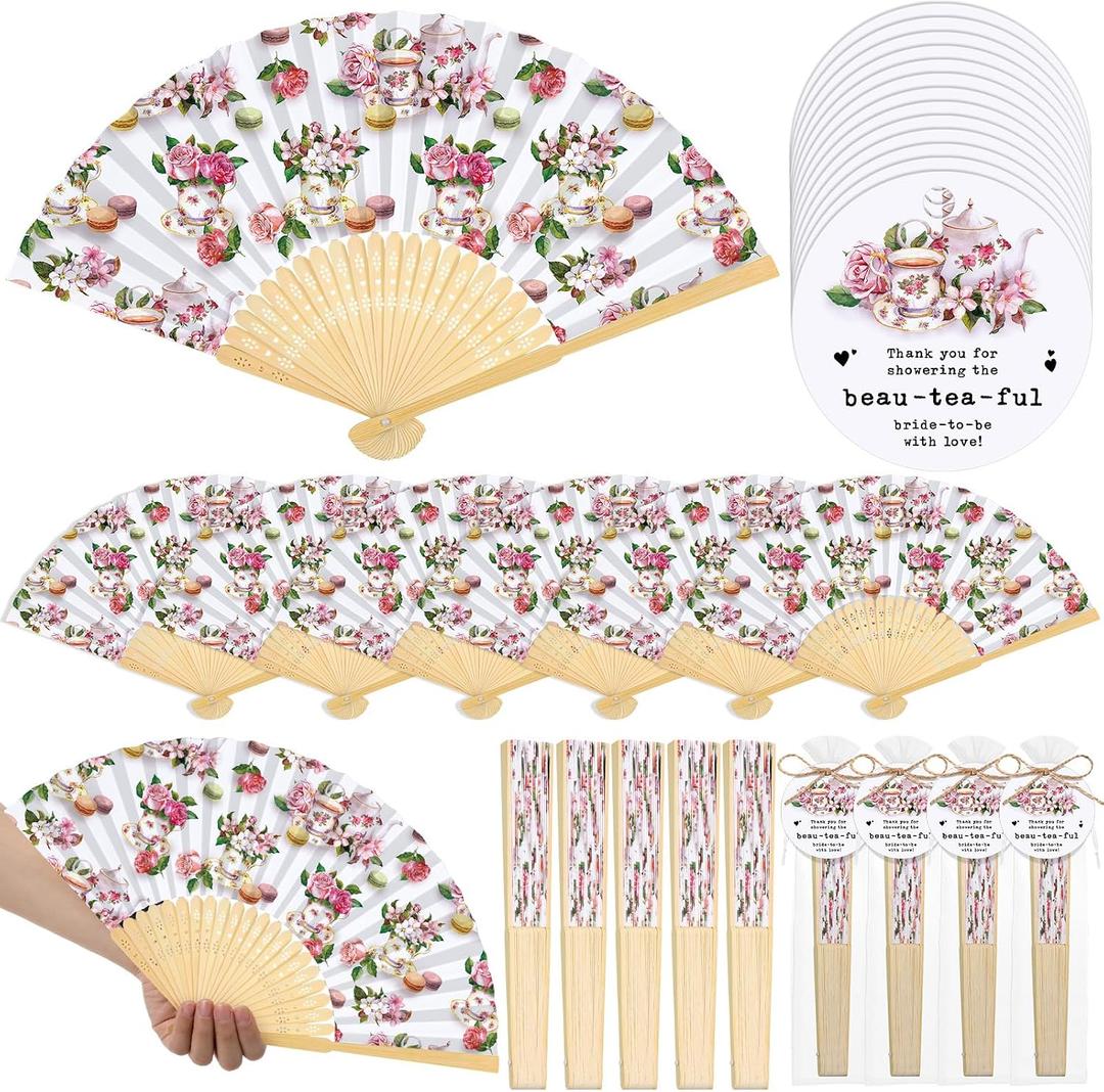 CroBlissful 25 Sets Tea Party Bridal Shower Favors for Guests Teapot Bamboo Folded Hand Fan with Gift Bag Thank You Tag with Rope Tea Party Favors Bridal Shower Party Wedding Souvenirs for Woman