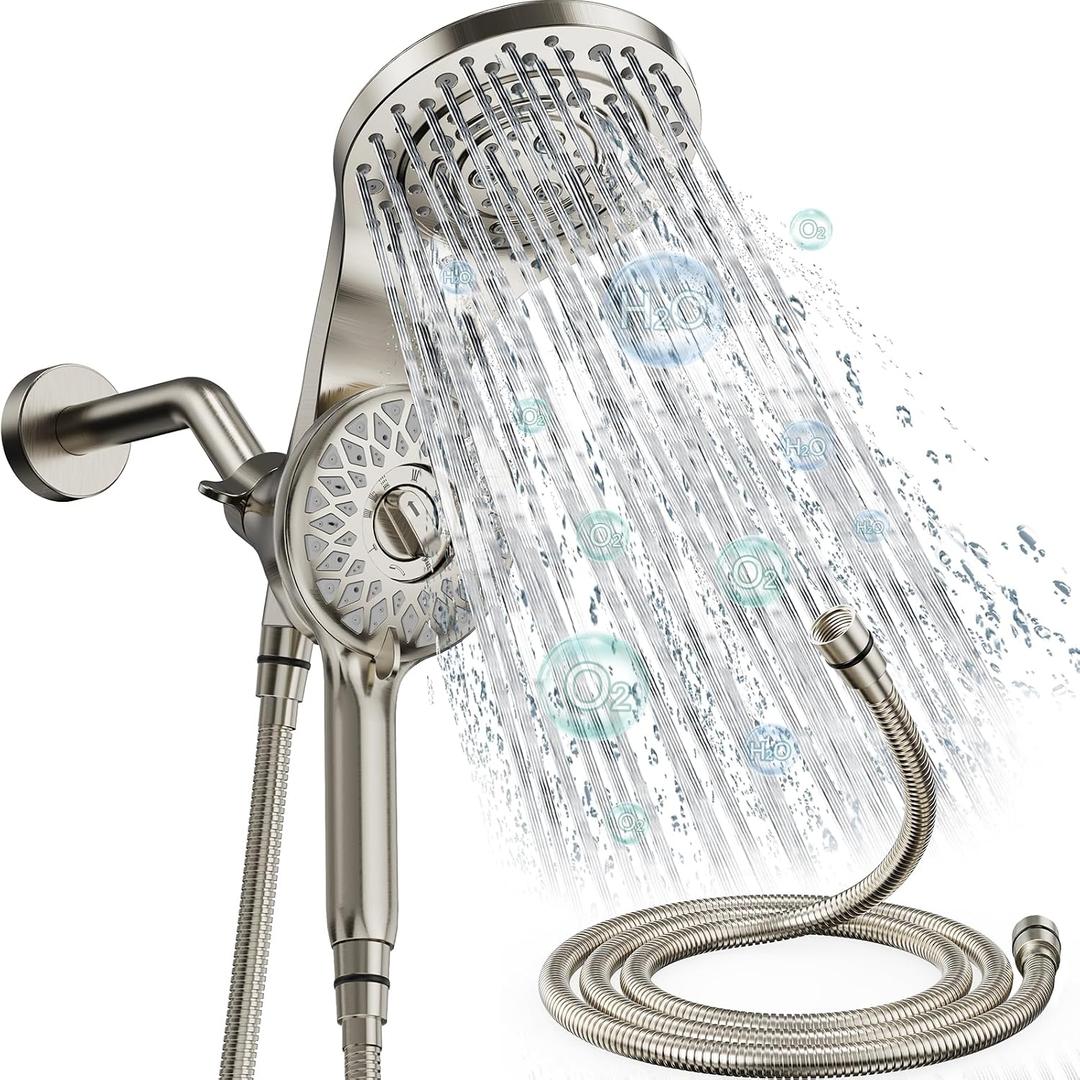 Dual Shower Heads with Handheld Spray Combo, High Pressure 2 in 1 Rainfall Shower Heads with 9 Spray Modes, Magnetic Double Showerhead, Brushed Nickel