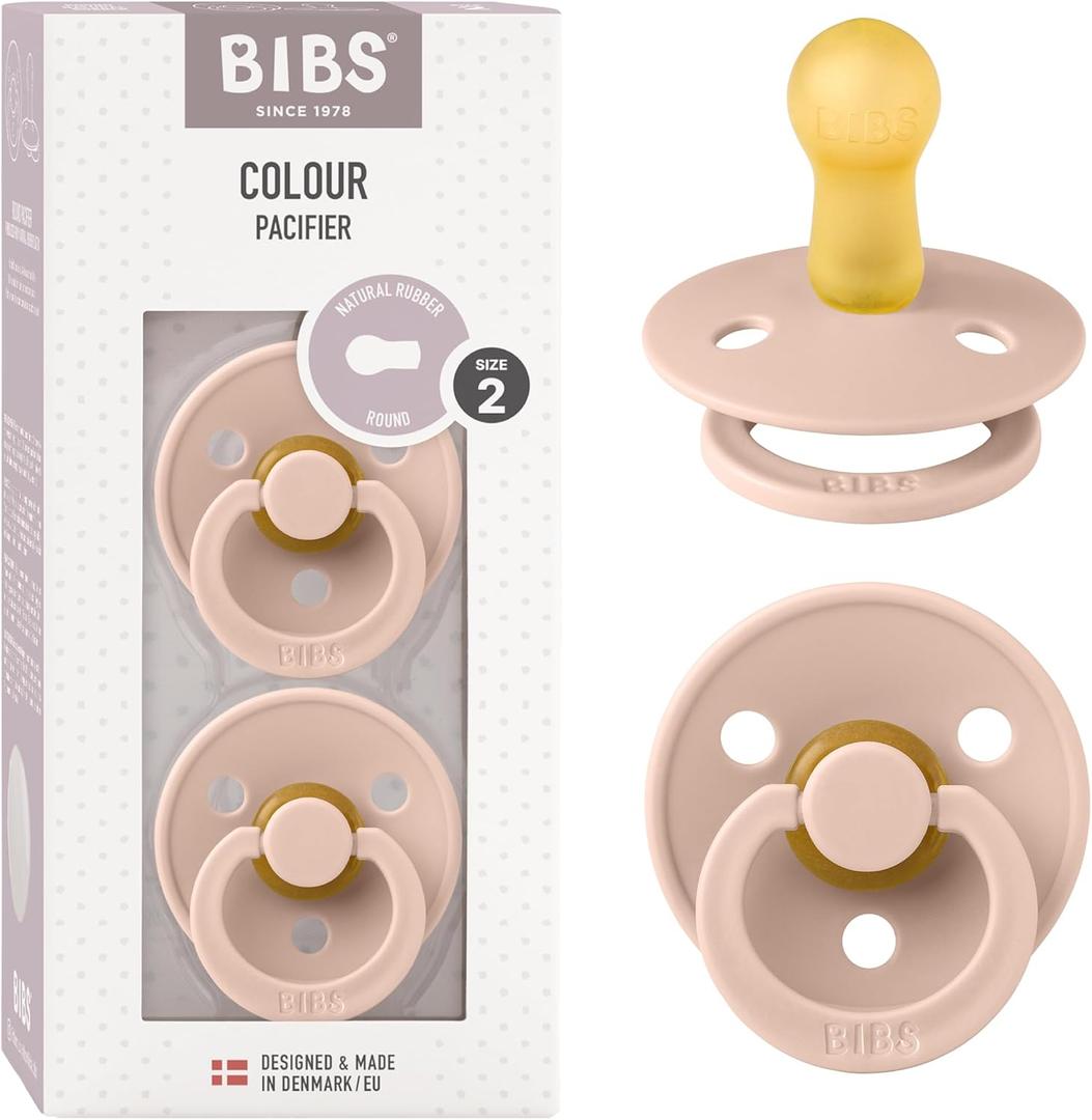 Bibs Pacifiers Color Collection, Set of 2 BPA-Free Latex Pacifiers Made in Europe, Round Nipple Baby Pacifier. (0+ Month (Pack of 2), Blush)