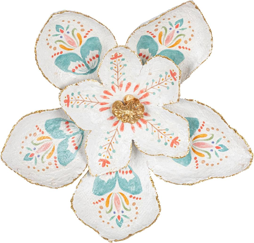DEMDACO Decorative Hanging Wall Art Sculpture, 11 Inch Paper Mache, Painted Flower White