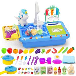 deAO Play Sink with Running Water, Kitchen Sink Toys with Water Spray Toy, Color Changing Dishes, Upgraded Rear Faucet, Play Kitchen Toy Accessories Pretend Role Play Toys for Boys Girls(Blue)