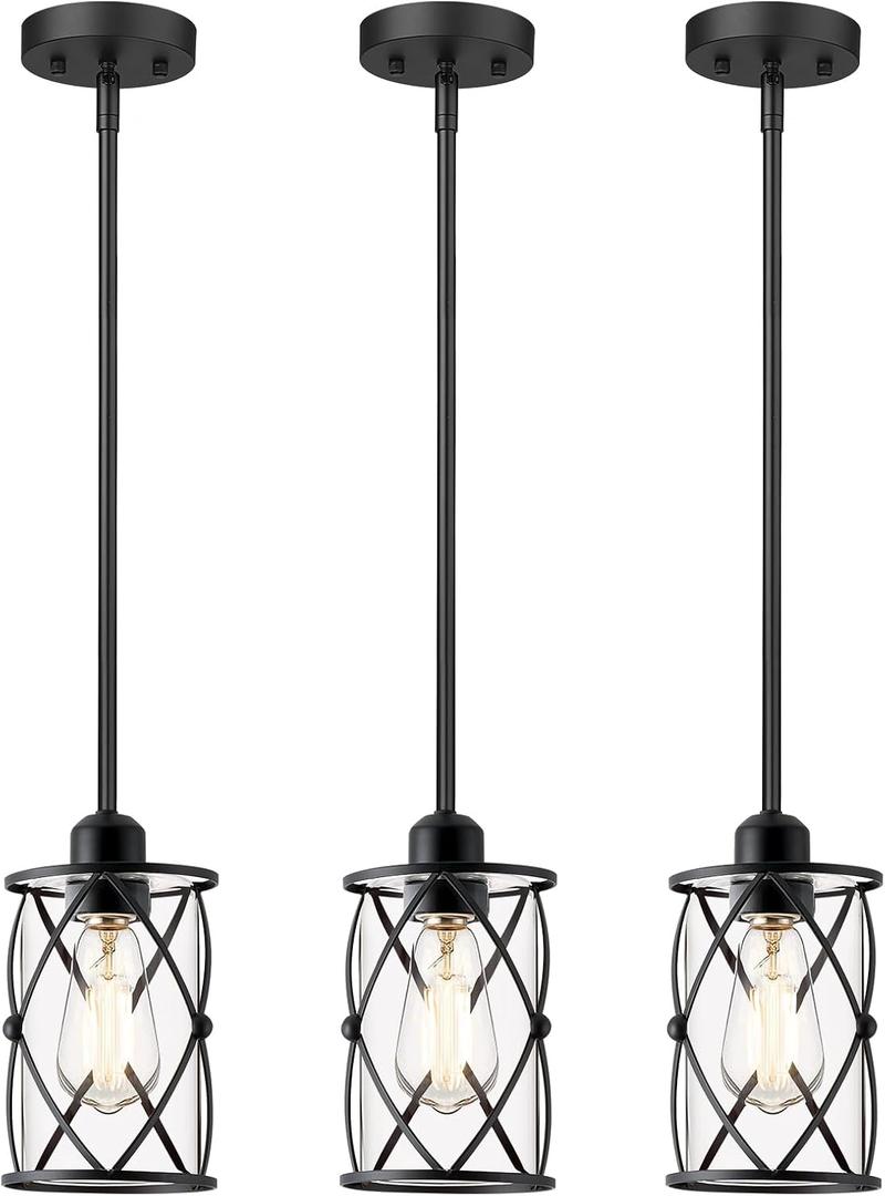 Glass Pendant Lights Kitchen Island 3 Pack, Black Kitchen Pendant Lighting Over Island with Rod, Modern Mini Hanging Light for Sink Dining Room, CH9176BK-3PK