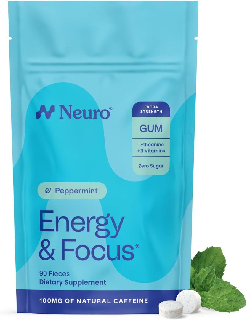 Neuro Energy & Focus Gum, Extra Strength - 100mg Natural Caffeine Gum & Nootropic Energy Supplement with L-Theanine & B Vitamins - Sugar Free, Vegan - Peppermint, 90ct (EXP 11/01/27)