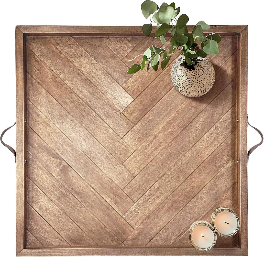 Large Square Ottoman Tray, 24"x24" Wooden Ottoman Trays with Leather Handles, Rustic Decorative Storage Tray for Ottoman