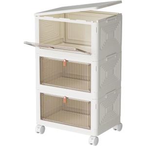 3 Tier Plastic Storage Bins with Lid 23QT, Stackable Storage Containers with Wheels, Folding Storage Boxes, Stackable Storage Bins, Closet Organizers and Storage for Living Room,Office,Dorm