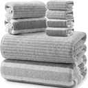 8 Pcs Extra Large Gray Bathroom Towel Set Include 2 Stripe Oversized Bath Sheet 2 Absorbent Soft Quick Dry Hand Towels 4 Grey Coral Fleece Microfiber Luxury Washcloths for Adult Gym Body
