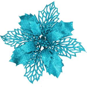 24 Pcs Christmas Teal Blue Glittered Mesh Holly Leaf Artificial Poinsettia Flowers Picks Tree Ornaments 5.9" W for Teal Blue Christmas Tree Wreath Garland Floral Gift Winter Wedding Holiday Decoration