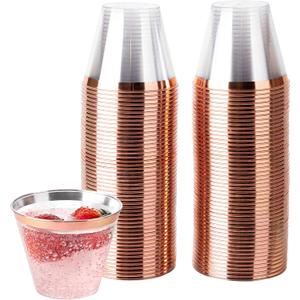 PLASTICPRO 9 oz Disposable Plastic Party Cups,Old fashioned Designed Tumblers, Crystal Clear (Clear With Rose Gold Rim, 100)