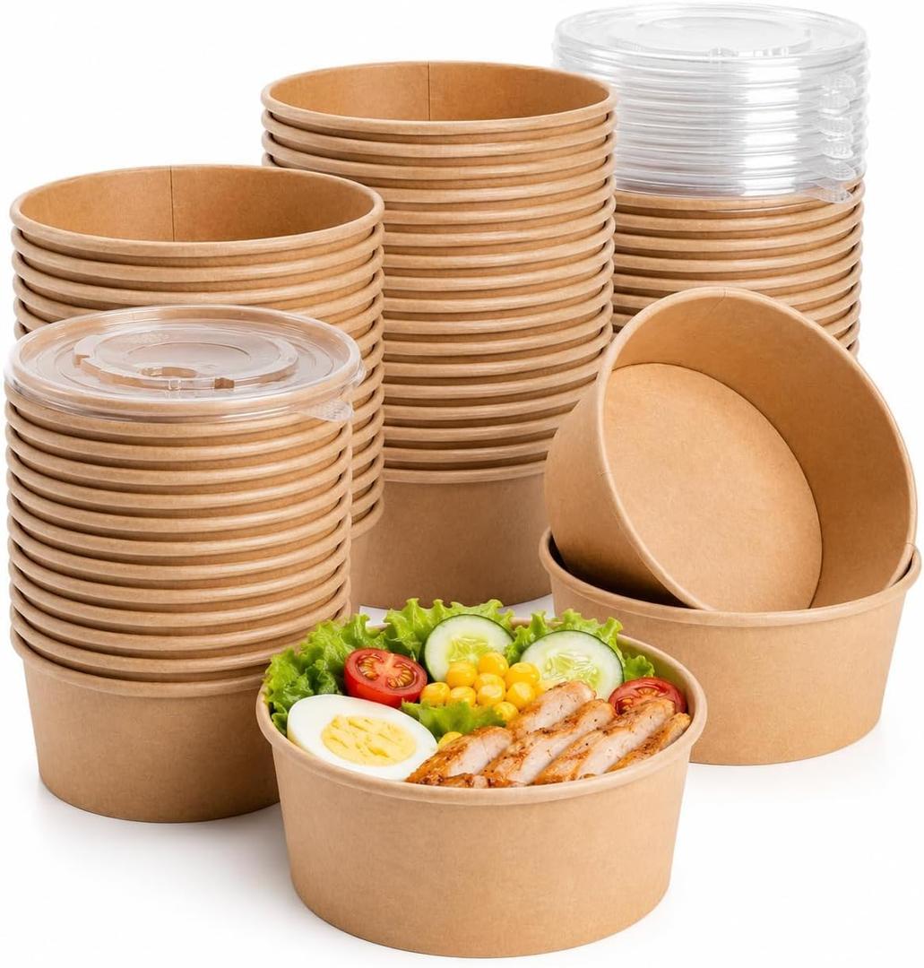 50 Pack 32 OZ Disposable Kraft Paper Bowls with Lids, Special Leakproof Disposable Soup Serving Bowls Bulk Party Supplies for Salad, Hot/Cold Food, Meal Prep, Ice Cream, Takeout & Leftovers