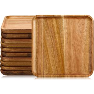 Didaey 10 Pcs Acacia Wood Square Plates 8" Wooden Plates Serving Trays for Meal Dishes Snack Dessert Easy Cleaning and Lightweight, Not Dishwasher