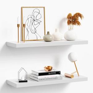 Floating Shelves for Wall, White Wood Wall Shelf Set of 2, 24" Wall Mounted Floating Shelf for Kitchen, Living Room, Bedroom, Bathroom Storage, Book Shelf for Wall Home Decor, Frame Display