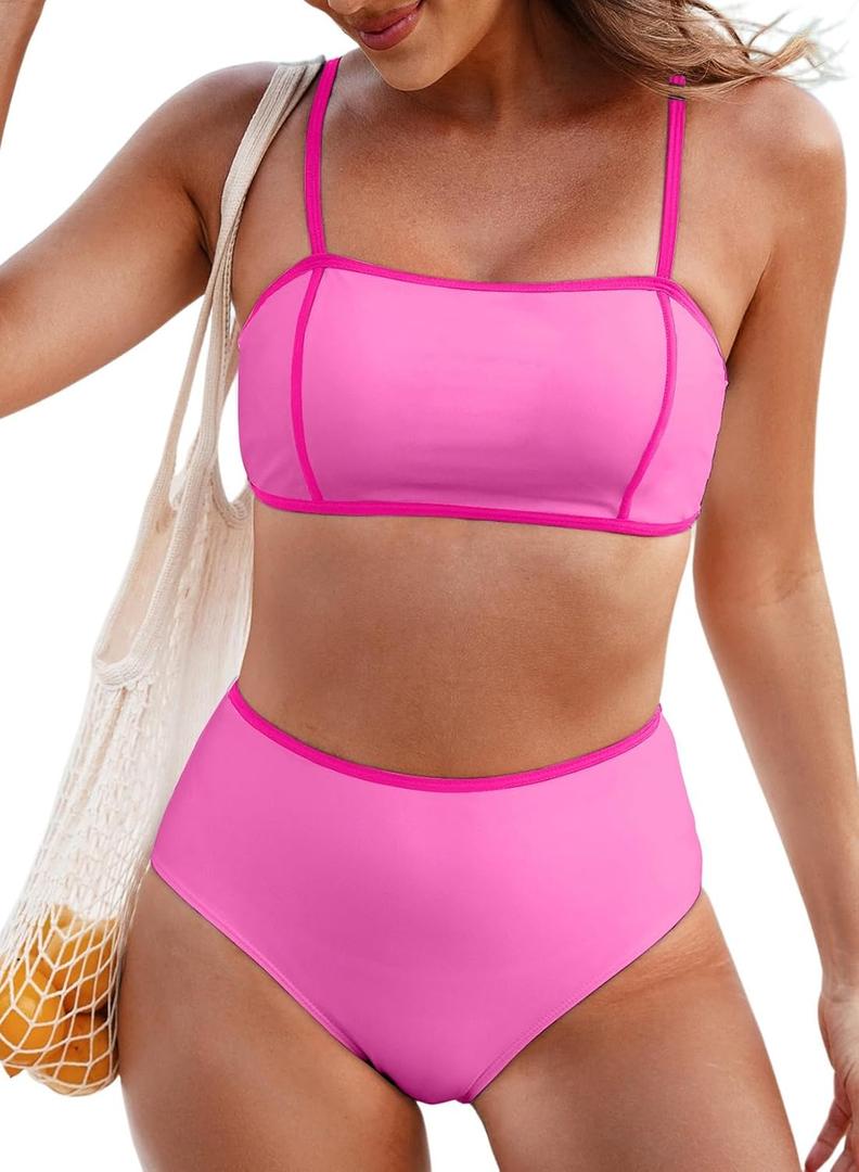 Herseas Women's 2 Pieces Colorblock Bikini Sets Square Neck Swimsuit Adjustable Spaghetti Straps Bathing Suit (Pink, XL)