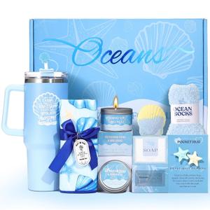 Mothers Day Gifts for Mom, Self Care Gift Basket for Women, Relaxation Spa Gift Set with Tumbler, Blue Ocean Gift Baskets for Mom, Wife, Grandma