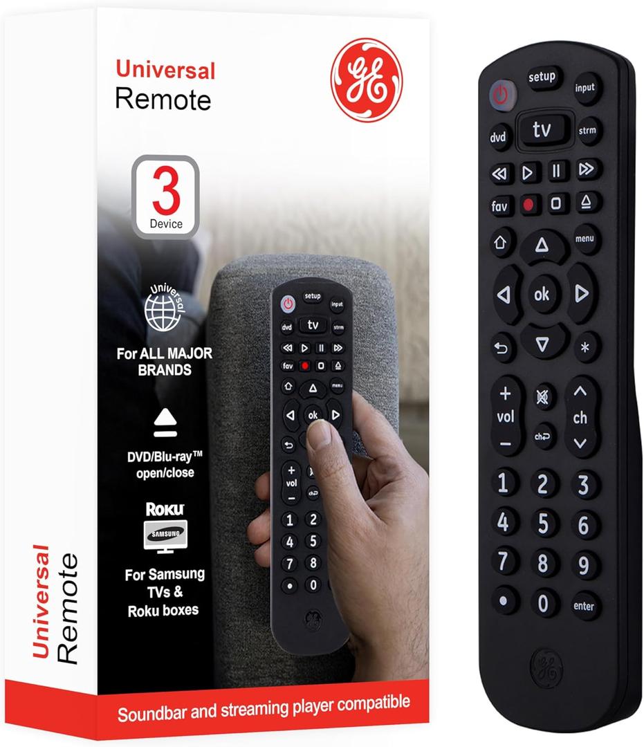 GE Universal Remote Control for Samsung, Vizio, Lg, Sony, Sharp, Roku, Apple TV, TCL, Panasonic, Smart TVs, Streaming Players, Blu-Ray, DVD, 3-Device, Black, 34927