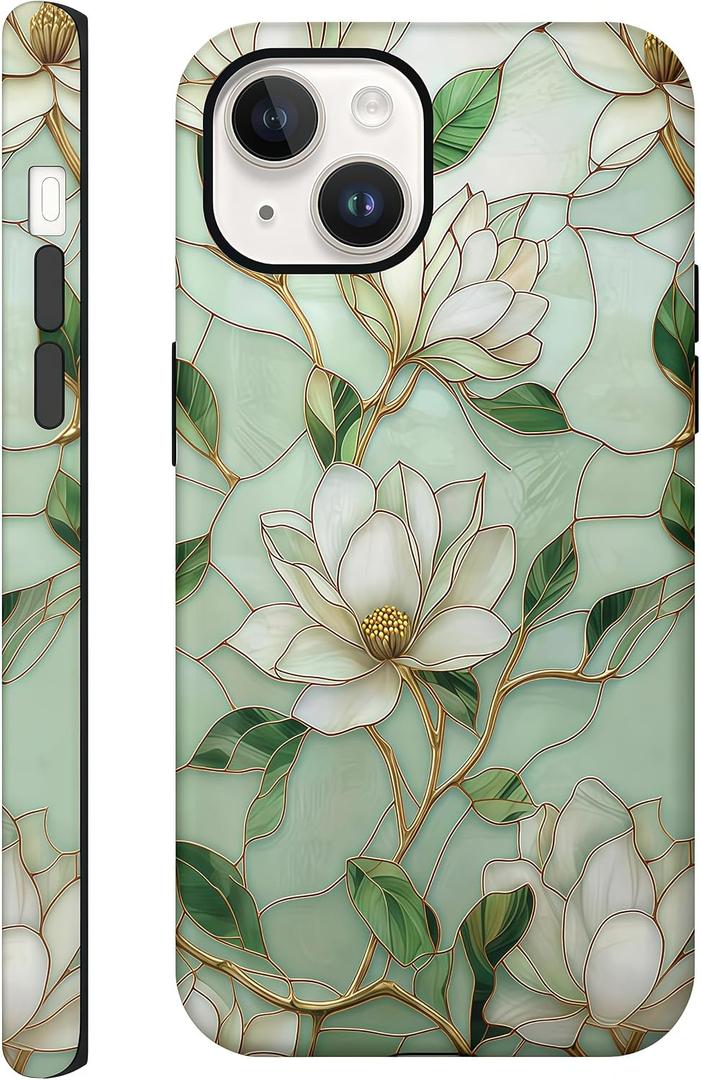 Aesthetic Cases for iPhone 15 Plus/14 Plus, Vintage Magnolia Flowers, Hard Hybrid 2-Layer Protective Cover for Women Girls