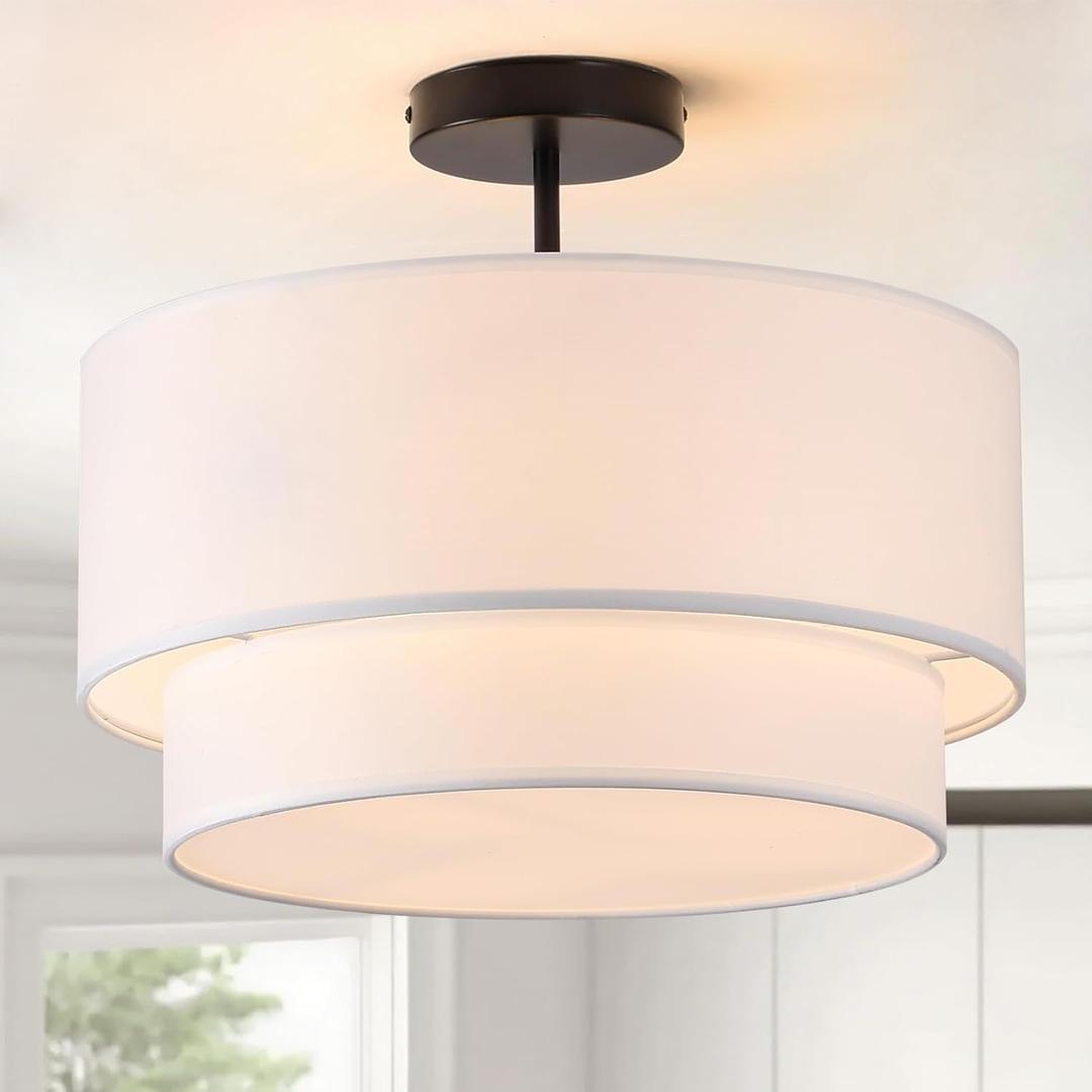 3-Light Semi Flush Mount Ceiling Light Fixture, 16 inch Drum Light Fixture with 2-Layer White Drum Fabric Shade, Entryway Ceiling Light Fixtures for Bedroom Dining Room