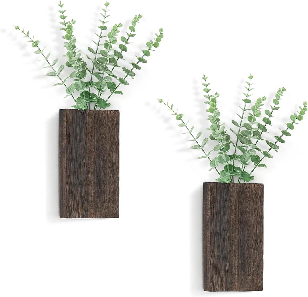 Dahey 2 Pack Wood Wall Planter Vase with Artificial Eucalyptus Farmhouse Wall Hanging Decor Pocket Planter for Indoor Fake Plants Greenery, Living Room Bedroom Kitchen Home Office Decoration