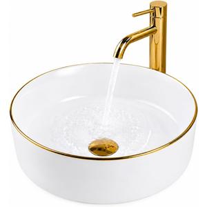 14.2” Round Ceramic Vessel Sink Gold Rim Basin With Pop-Up Drain