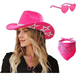 SHENYI Cowgirl Hat and Bandana and Heart Sunglasses Glitter Rhinestone Star Cowboy Hat Western Sparkly Hats for Women Men, Hot Pink