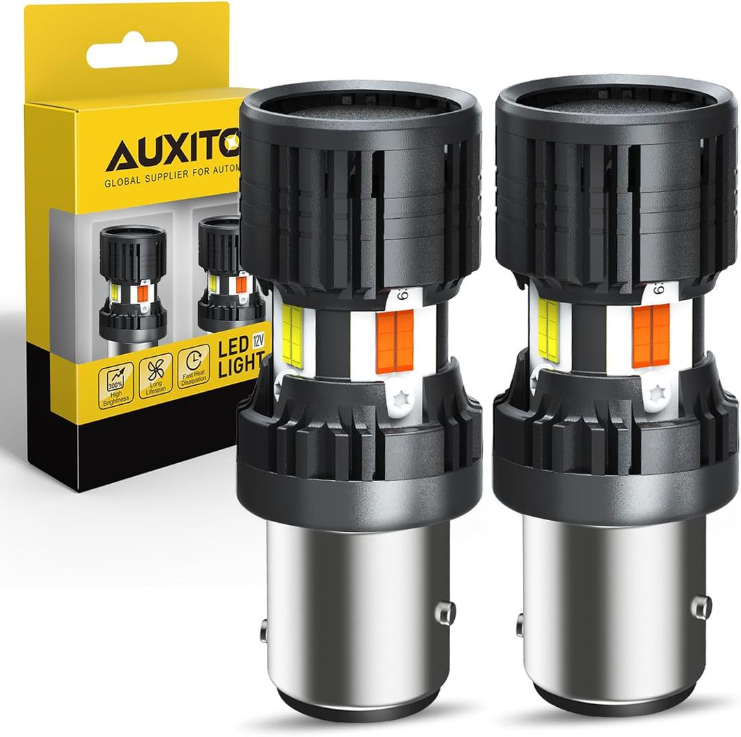AUXITO CANBUS 1157 Switchback LED Bulbs 2357 2057 7528 BAY15D Dual Color Amber/White Anti Hyper Flash Built-in Resistor Error Free Turn Signal Lights and DRL/Parking Lights, Pack of 2