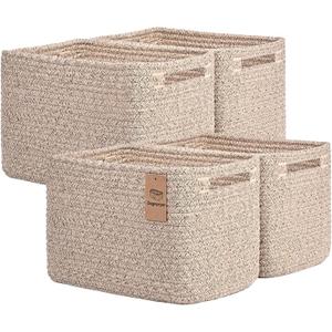 Storage Baskets for Organizing, 4 Pack Baskets for Shelves, Decorative Storage Bins for Shelves, Cotton Rope Storage Basket with Handles, Woven Basket for Storage, 13''Lx8.7''Wx7.9''H, Brown