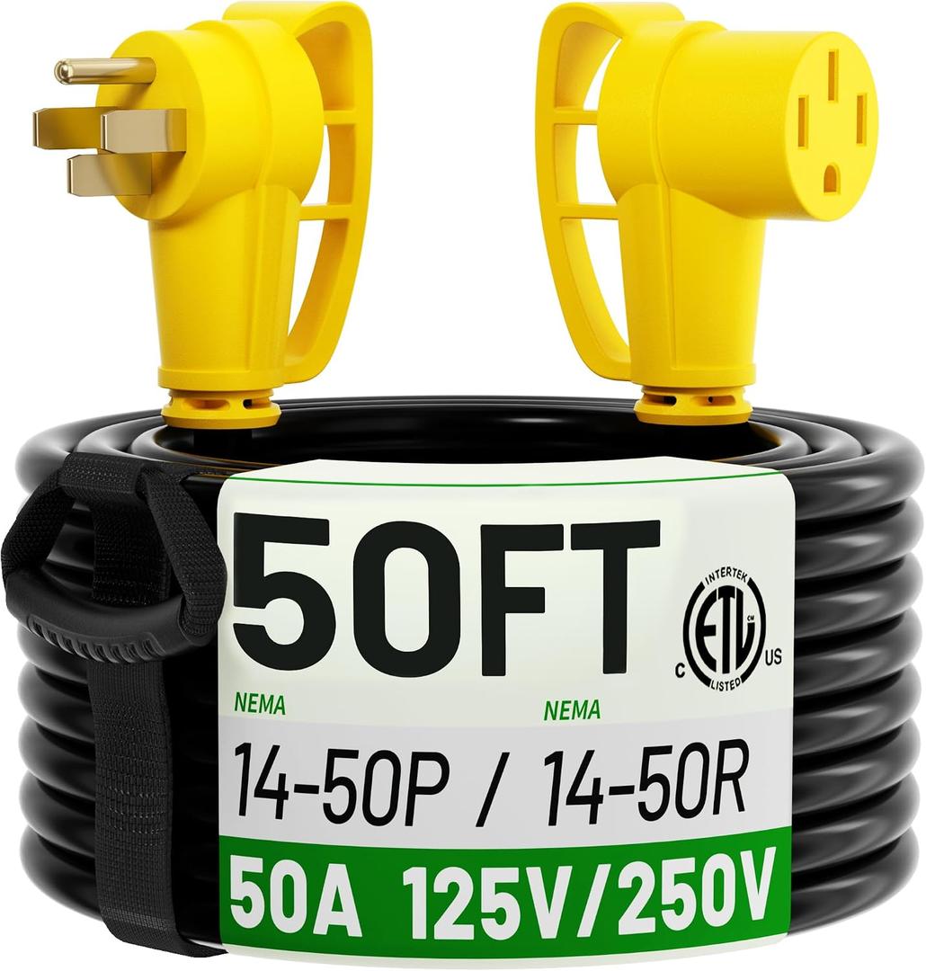 POWGRN NEMA 14-50P to NEMA 14-50R 50 Amp RV/EV Extension Cord 50 FT Outdoor with Grip Handle, Flexible Heavy Duty RV Power Cord Waterproof, 50A 125/250V 6250/12500W STW, Black-Yellow, ETL Listed