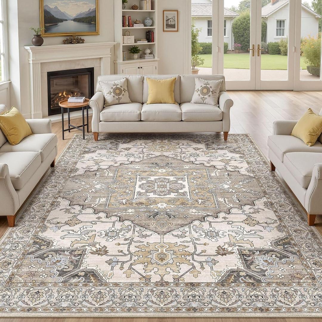 8x10 Area Rugs for Living Room: Non Slip Neutral Washable Brown Rug, Soft Stain Resistant Indoor Floor Carpets for Bedroom Dining Decor Farmhouse Home Office Kid & Pet Friendly