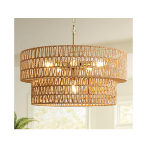 23.6" Boho Rattan Chandelier, 6-Light Large Rattan Pendant Light with 2-Tier Wicker Shade, Bohemian Farmhouse Ceiling Light Fixture Chandelier for Dining Room, Living Room, Bedroom, Kitchen Island