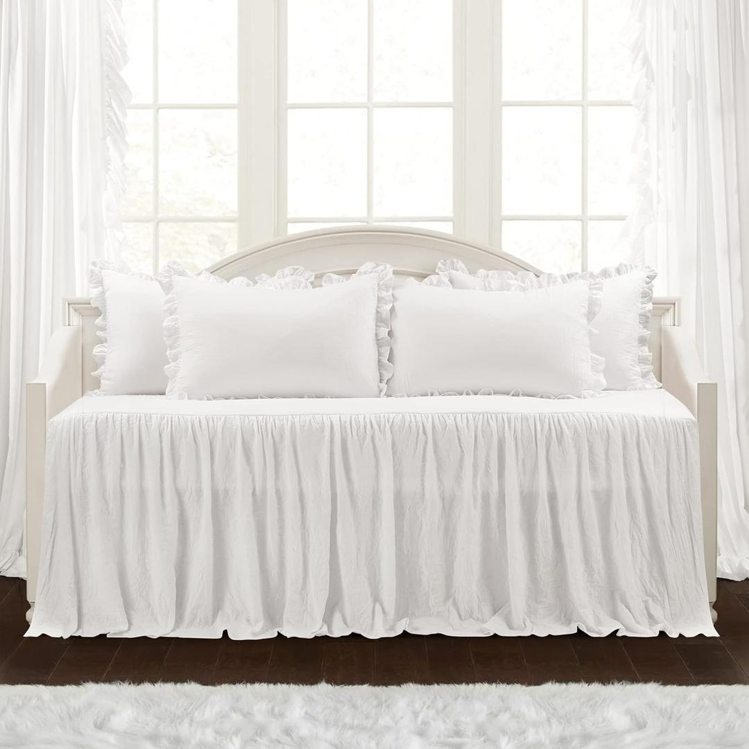 Lush Decor Ruffle Skirt Daybed Cover 5 Piece Set 39"W x 75"L White - Ruffled Bedding Set - Farmhouse Bedding Twin Bedspread - Twin Bedspread