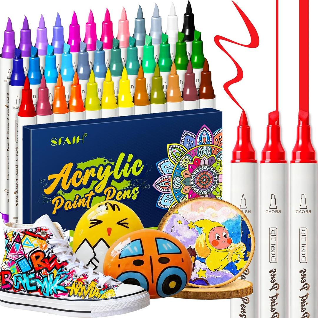 SFAIH 36 Colors Acrylic Paint Markers - Dual Tip Paint Pens for DIY Crafts Any Surface, Eggs Rock Wood Fabric, Quick Drying Non-Bleed Waterproof [1-5mm Brush & Chisel]