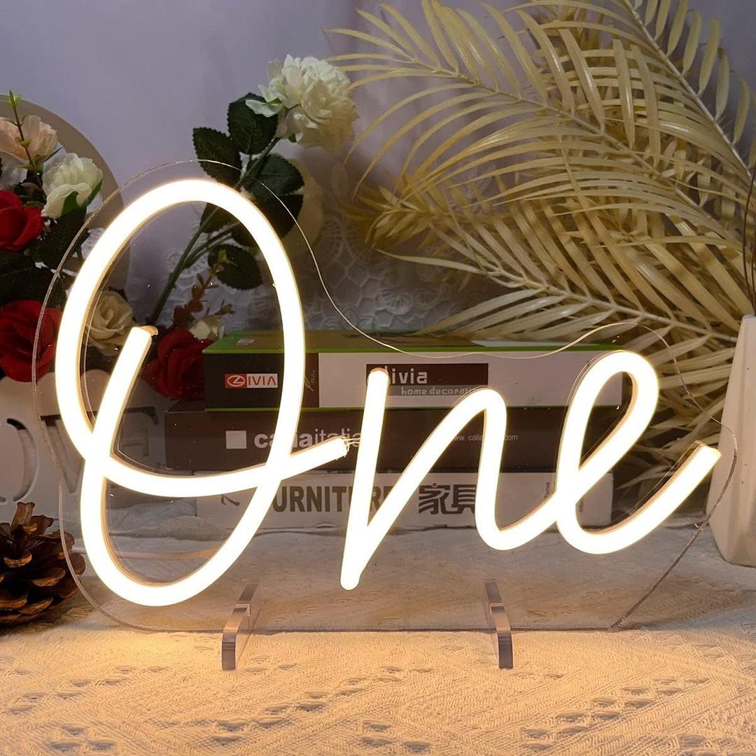 One Year Old Birthday Table Number Neon Sign Desk Lamp Night Light Wedding Letter LED Neon Sign Wedding Table Decorations Neon Light Bedroom Home Room Decor Christmas Party Warm White USB 28.8×19.6CM