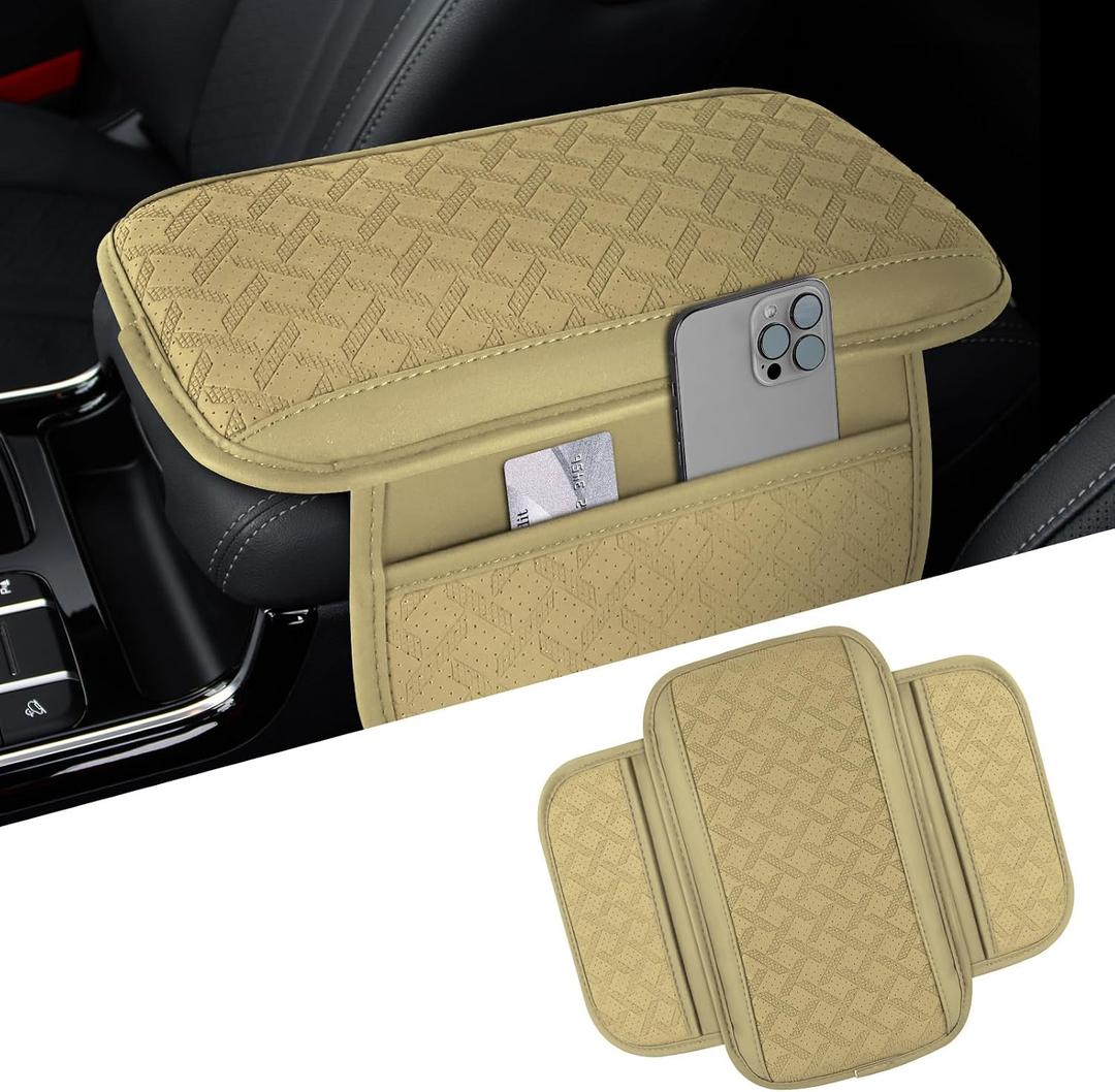 Car Center Console Cover, 12"×7.87" Leather Arm Rest Cover for Car, Comfortable Armrest Seat Box Cushion with Pocket, Armrest Cover Protector Universal Car Interior Accessories (Beige)