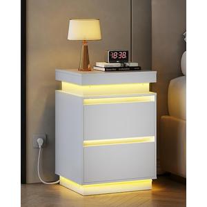 WLIVE White Nightstand with Charging Station and LED Lights, Bedside Table with 2 Wooden Drawers and Sliding Top, Modern End Table Side Table for Bedroom, Living Room, Office